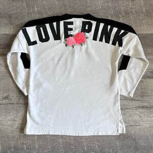 VS Pink Lace Up Varsity Crew Sweatshirt Womens M Oversized White Black Rose Logo